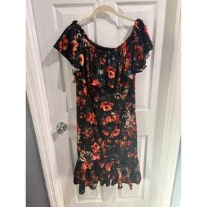 LuLaRoe Velvet Floral Off The Shoulder Ruffle Dress 2XL Orange‎ Black
